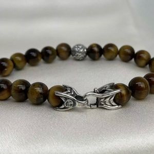 David Yurman Silver 925 8mm Tiger Eye Spiritual Bead Clasp Bracelet W 925 Accent